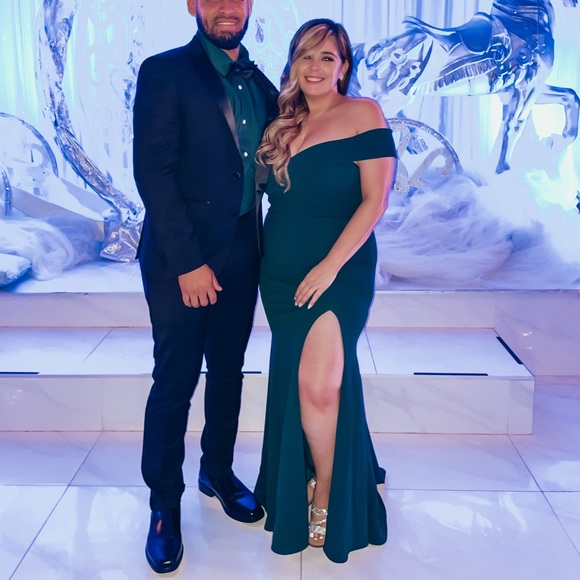 Dresses & Skirts - Green Off Shoulder Slit Evening Gown